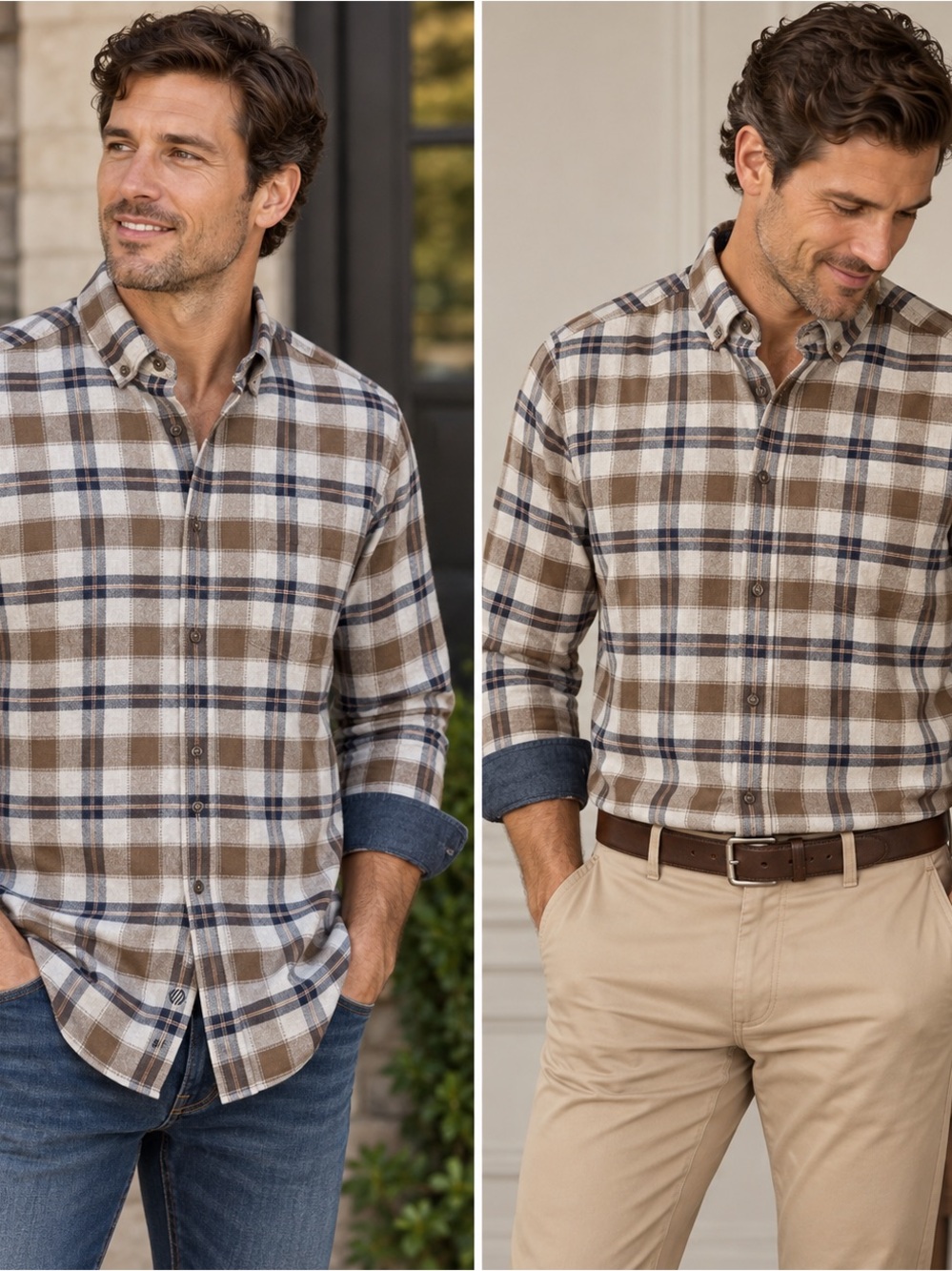 Johnston & Murphy Men’s Plaid Cotton Button Down Shirt Brown Navy L